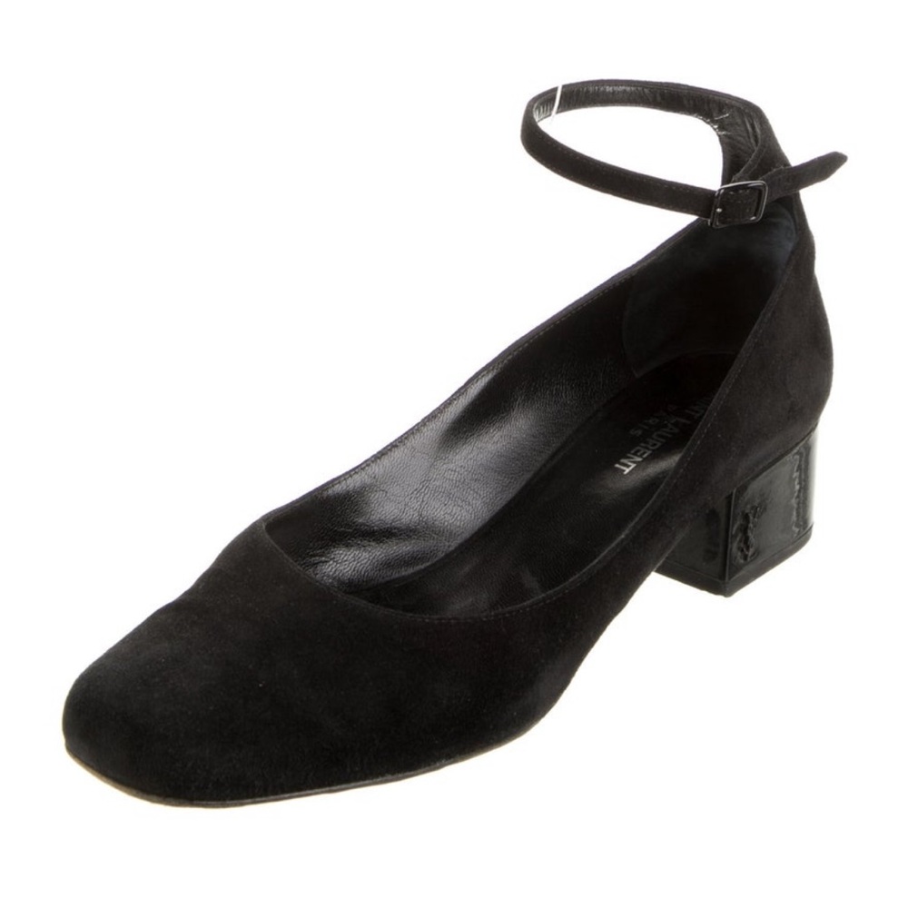 YVES Saint Laurent Suede and Patent Block Heel Maryjane. YSL HEEL.